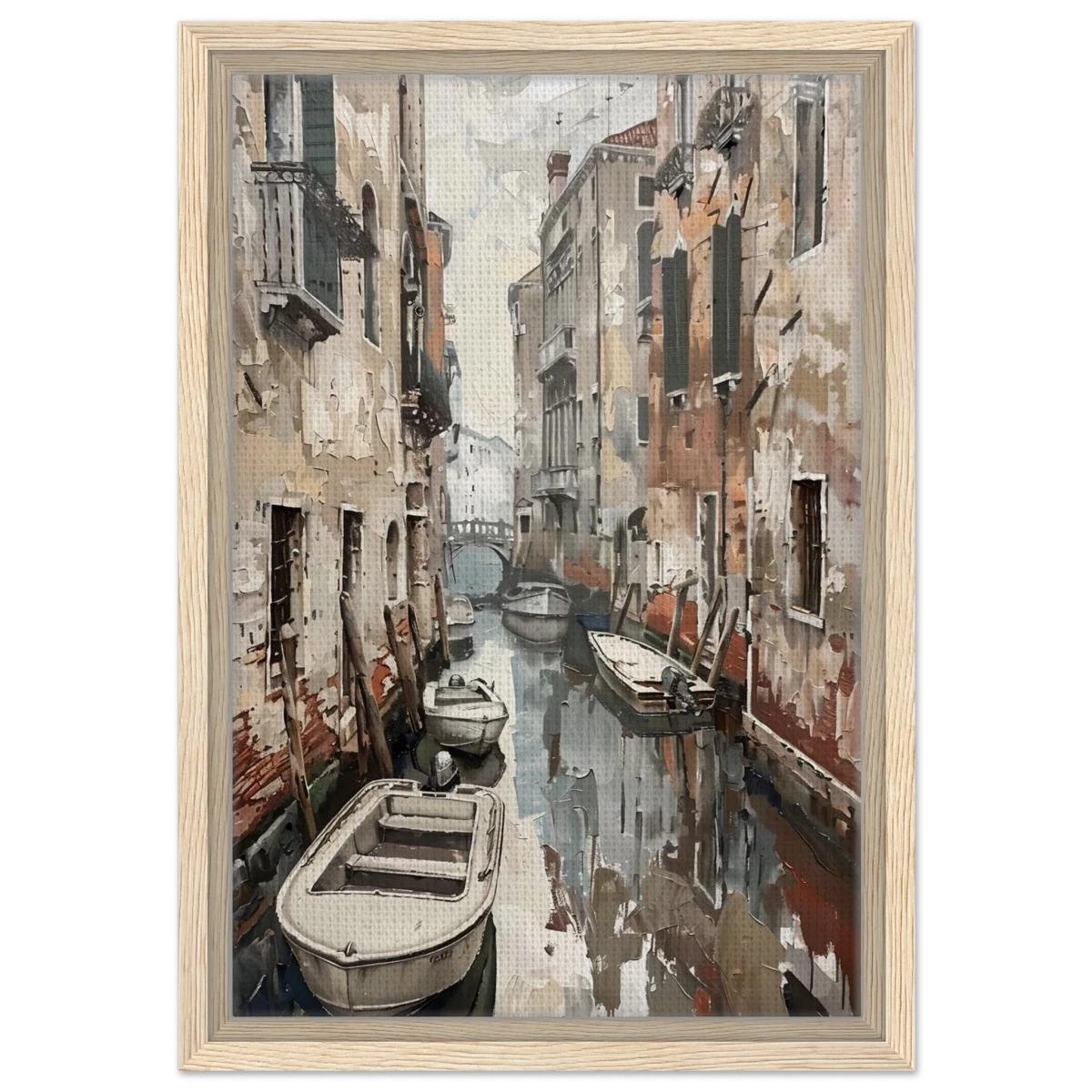Venetian Canal Serenity – Gondola Boats Wall Art Print - Framed Canvas - 30x45 cm / 12x18″ - Wood frame