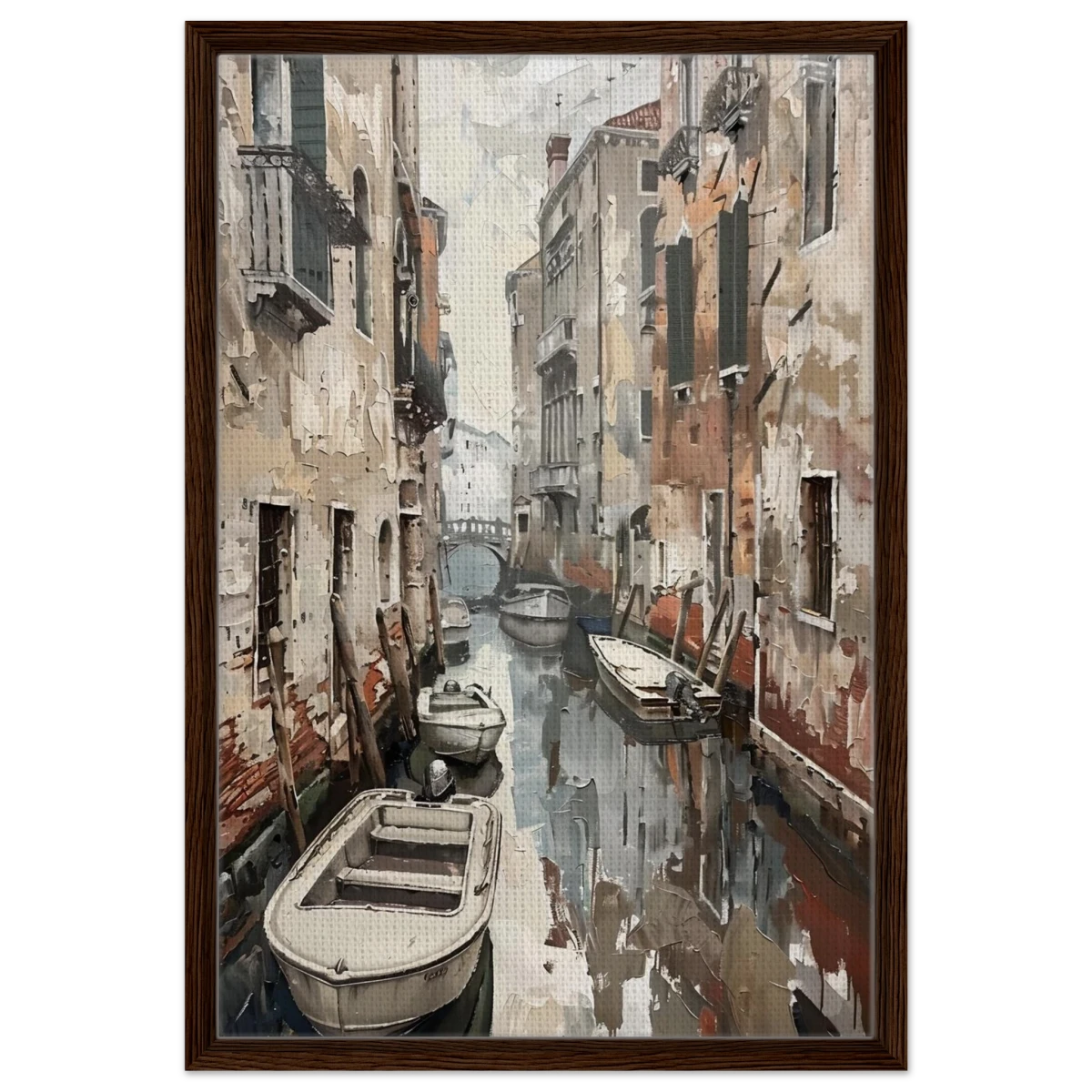 Venetian Canal Serenity – Gondola Boats Wall Art Print - Framed Canvas - 50x75 cm / 20x30″ - Dark wood frame