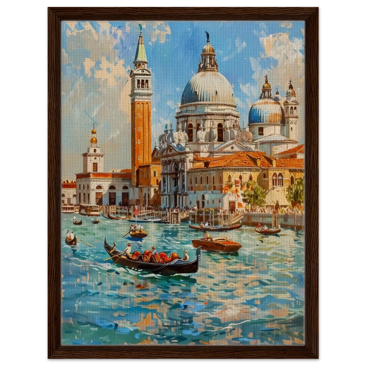 Venetian Grandeur – Gondolas on the Grand Canal Wall Art Print - Framed Canvas - 45x60 cm / 18x24″ - Dark wood frame