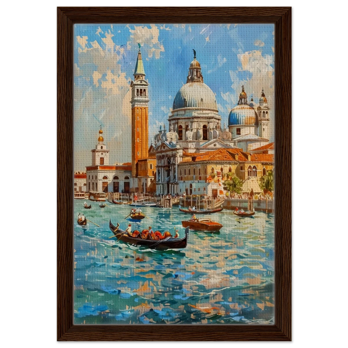 Venetian Grandeur – Gondolas on the Grand Canal Wall Art Print - Framed Canvas - 30x45 cm / 12x18″ - Dark wood frame