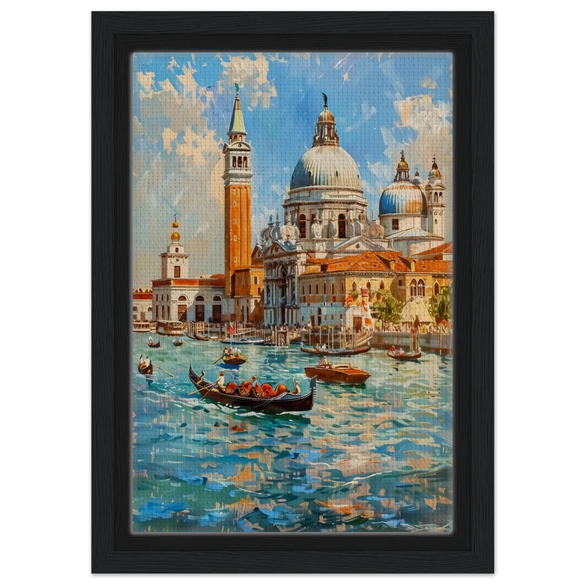 Venetian Grandeur – Gondolas on the Grand Canal Wall Art Print - Framed Canvas - 20x30 cm / 8x12″ - Black frame