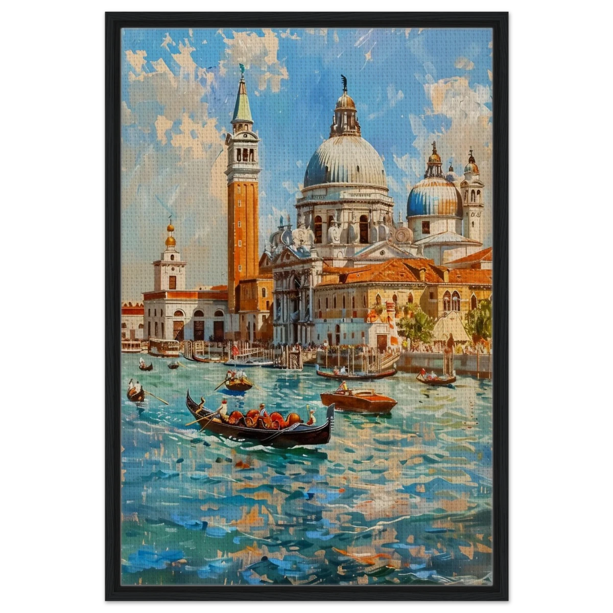 Venetian Grandeur – Gondolas on the Grand Canal Wall Art Print - Framed Canvas - 60x90 cm / 24x36″ - Black frame