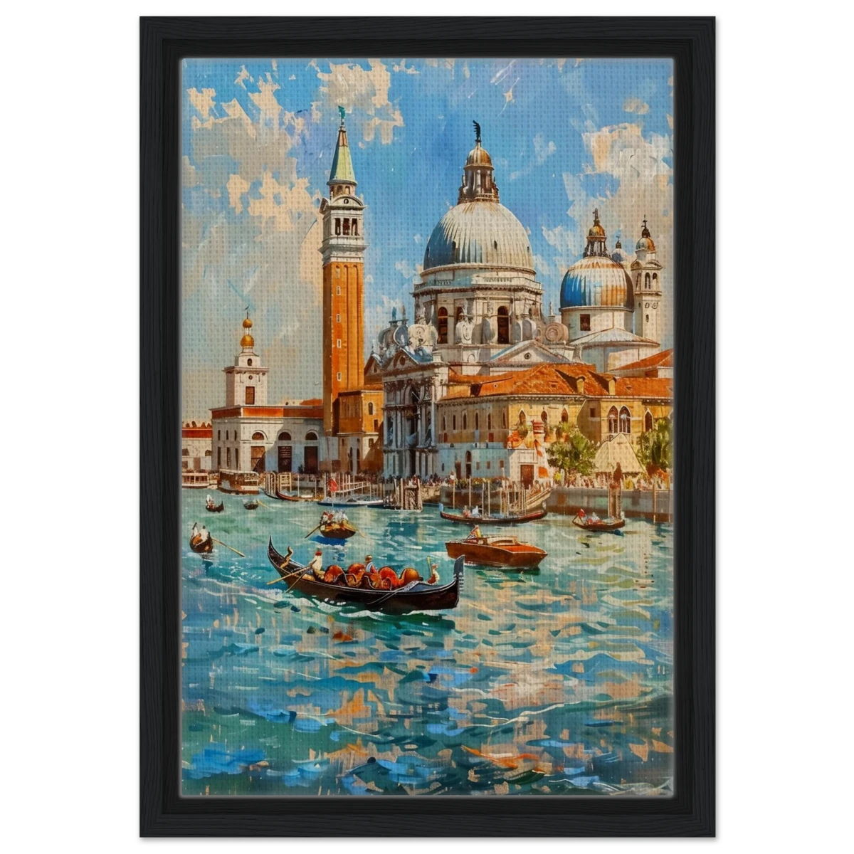 Venetian Grandeur – Gondolas on the Grand Canal Wall Art Print - Framed Canvas - 30x45 cm / 12x18″ - Black frame