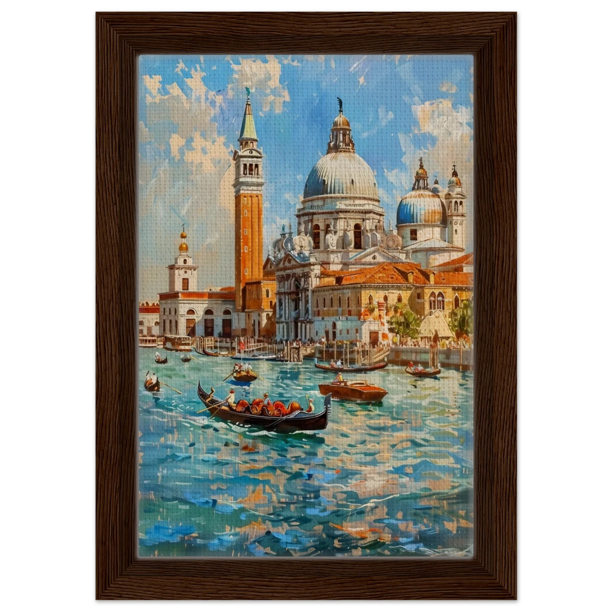 Venetian Grandeur – Gondolas on the Grand Canal Wall Art Print - Framed Canvas - 20x30 cm / 8x12″ - Dark wood frame