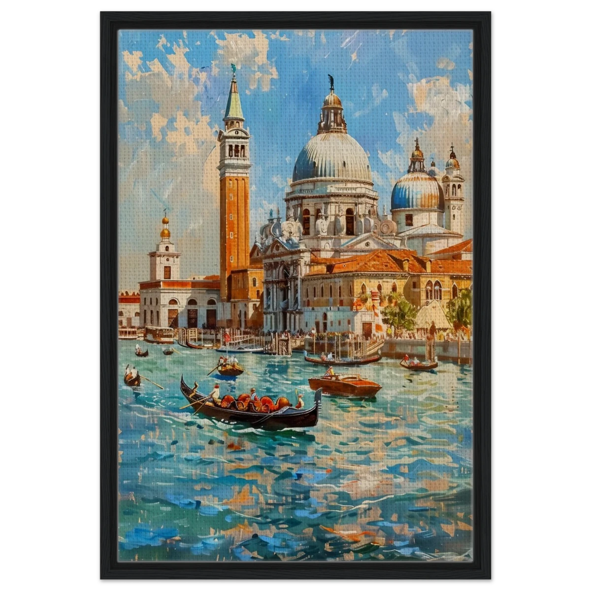 Venetian Grandeur – Gondolas on the Grand Canal Wall Art Print - Framed Canvas - 50x75 cm / 20x30″ - Black frame