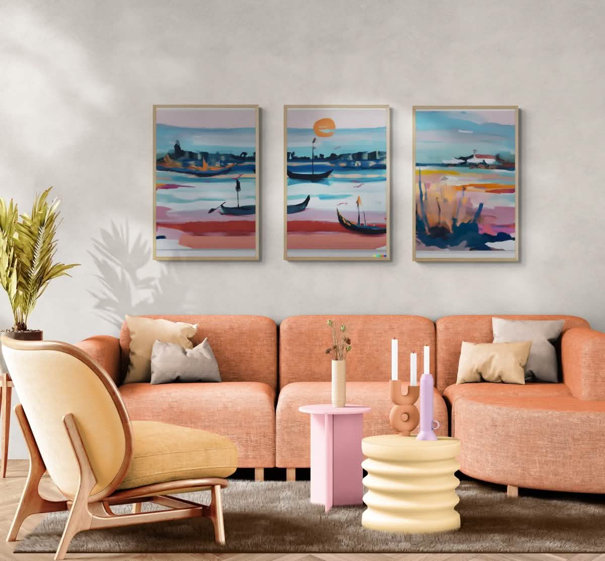 "Venetian Waters – Set of 3" – Abstract Gondola Serenity | wall art trio set - Framed Canvas - 30X45 CM / 12X18″ - Wood frame