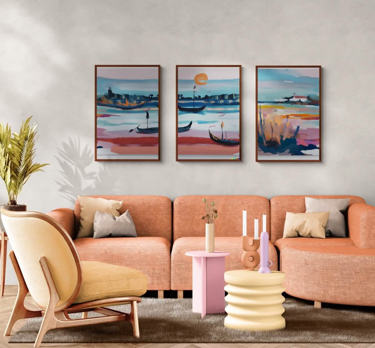 "Venetian Waters – Set of 3" – Abstract Gondola Serenity | wall art trio set - Framed Canvas - 30X45 CM / 12X18″ - Dark wood frame