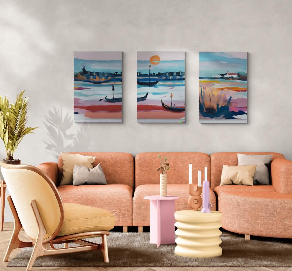 "Venetian Waters – Set of 3" – Abstract Gondola Serenity | wall art trio set - Framed Canvas - 30X45 CM / 12X18″ - Wood frame