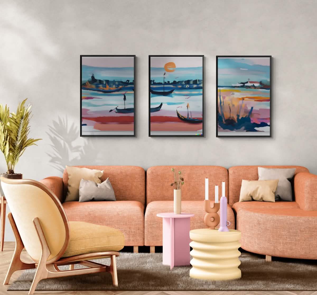 "Venetian Waters – Set of 3" – Abstract Gondola Serenity | wall art trio set - Framed Canvas - 30X45 CM / 12X18″ - Black frame