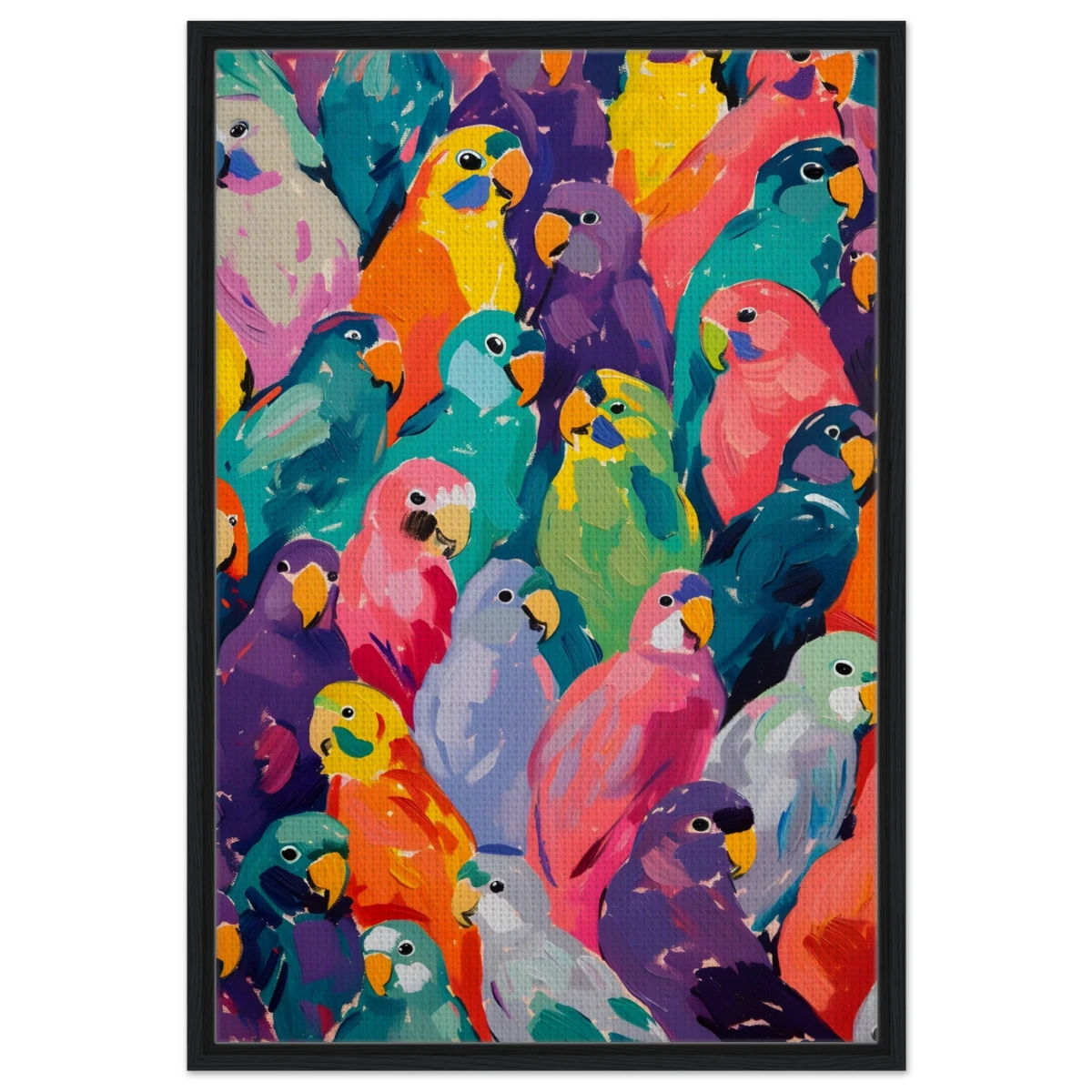 "Vibrant Flock" – A Burst of Color and Life | Wall art Print - 60x90 cm / 24x36″ - Framed Canvas - Black frame