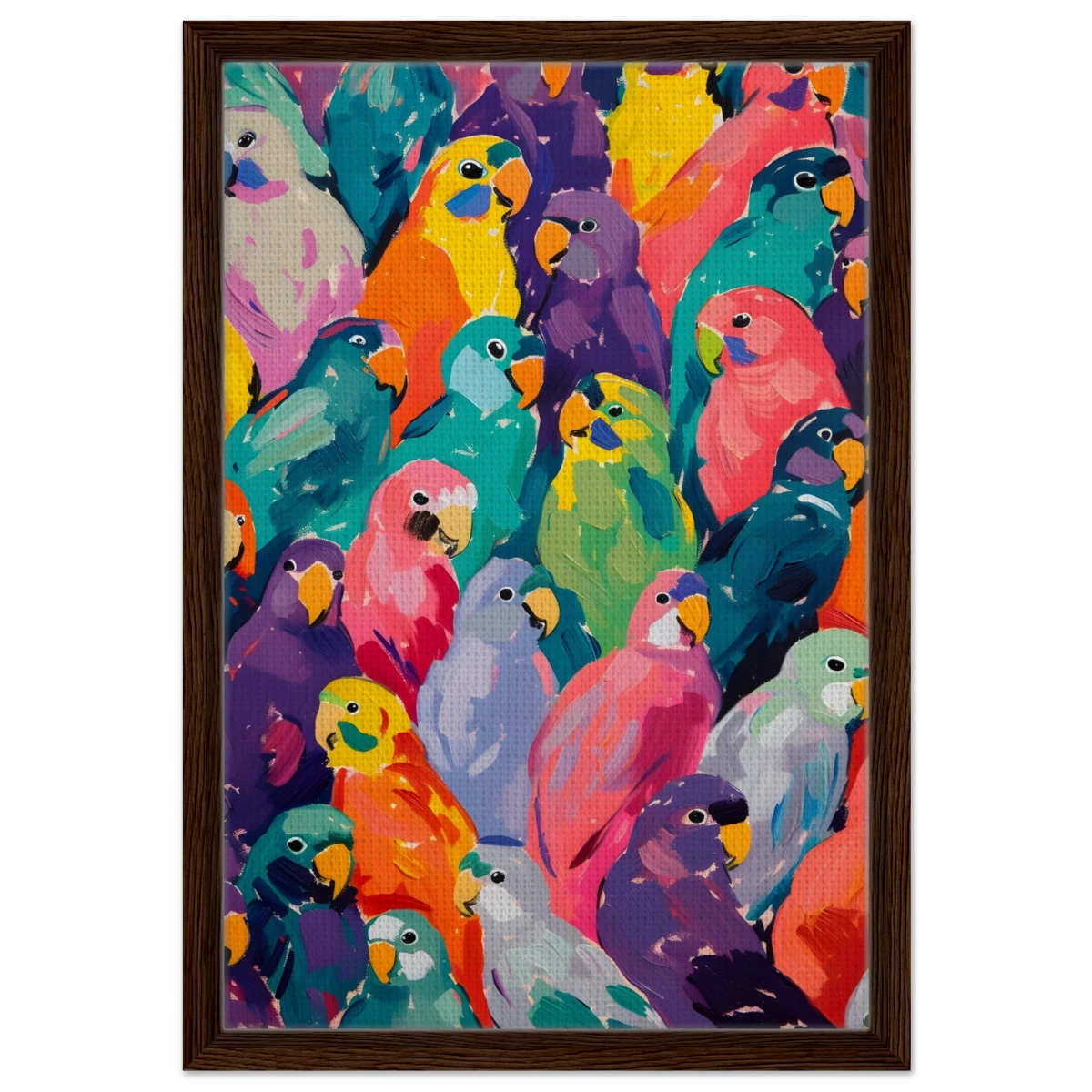 "Vibrant Flock" – A Burst of Color and Life | Wall art Print - 40x60 cm / 16x24″ - Framed Canvas - Dark wood frame