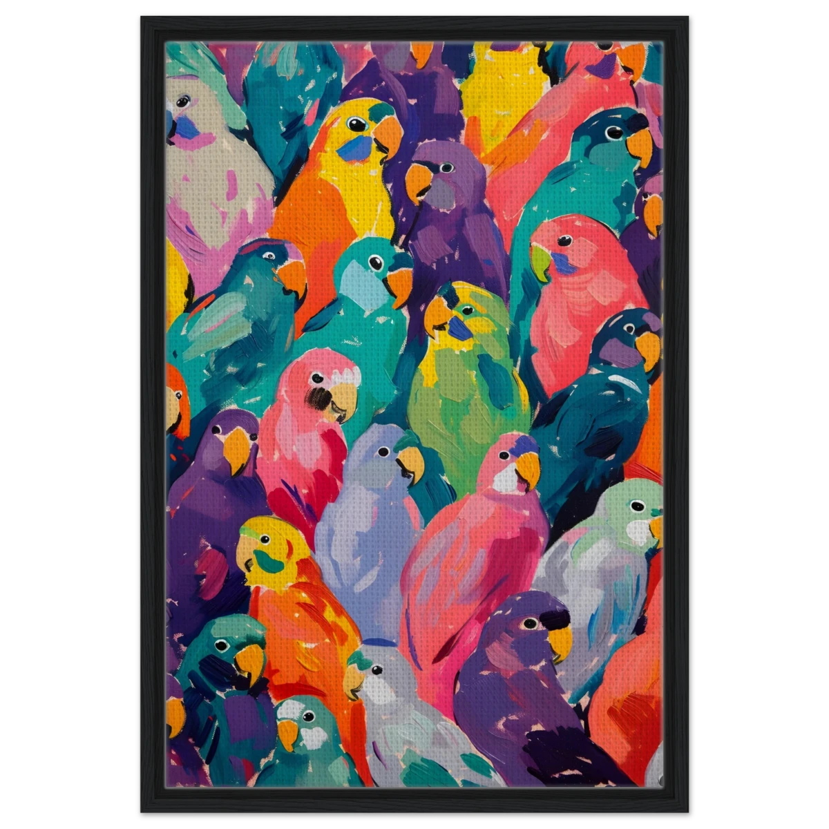 "Vibrant Flock" – A Burst of Color and Life | Wall art Print - 50x75 cm / 20x30″ - Framed Canvas - Black frame
