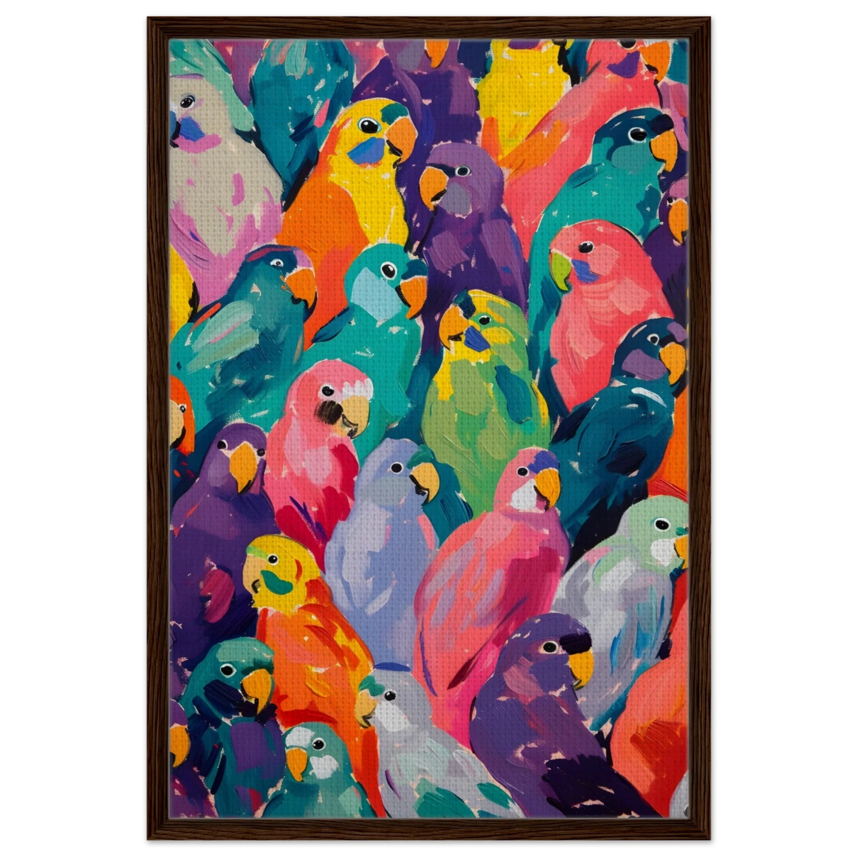 "Vibrant Flock" – A Burst of Color and Life | Wall art Print - 60x90 cm / 24x36″ - Framed Canvas - Dark wood frame