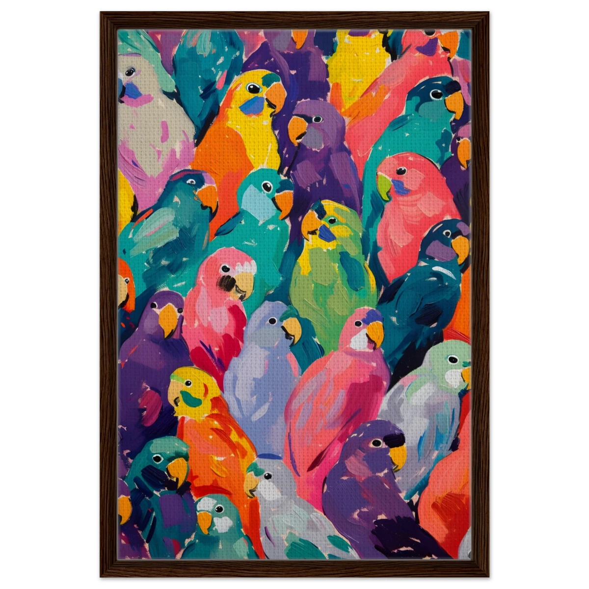 "Vibrant Flock" – A Burst of Color and Life | Wall art Print - 50x75 cm / 20x30″ - Framed Canvas - Dark wood frame
