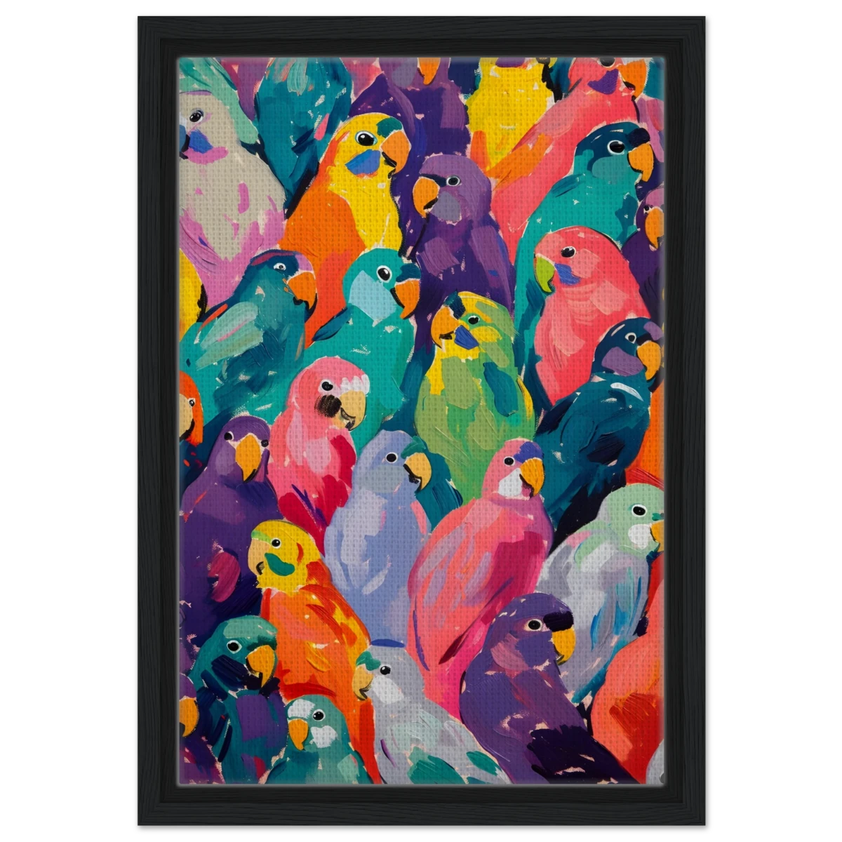 "Vibrant Flock" – A Burst of Color and Life | Wall art Print - 30x45 cm / 12x18″ - Framed Canvas - Black frame