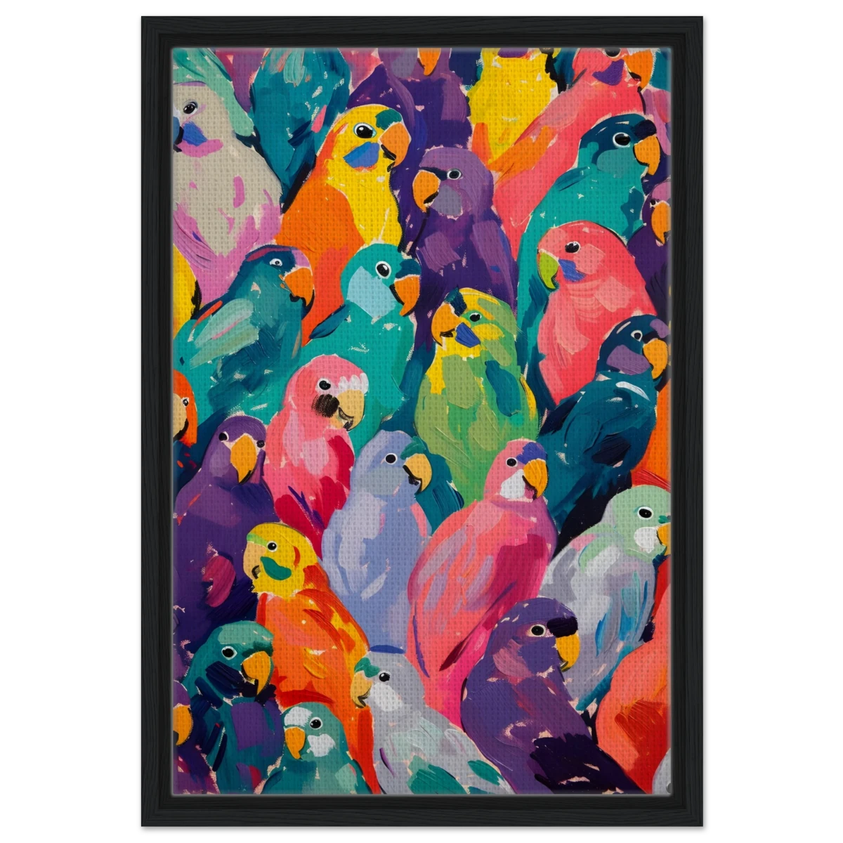 "Vibrant Flock" – A Burst of Color and Life | Wall art Print - 40x60 cm / 16x24″ - Framed Canvas - Black frame