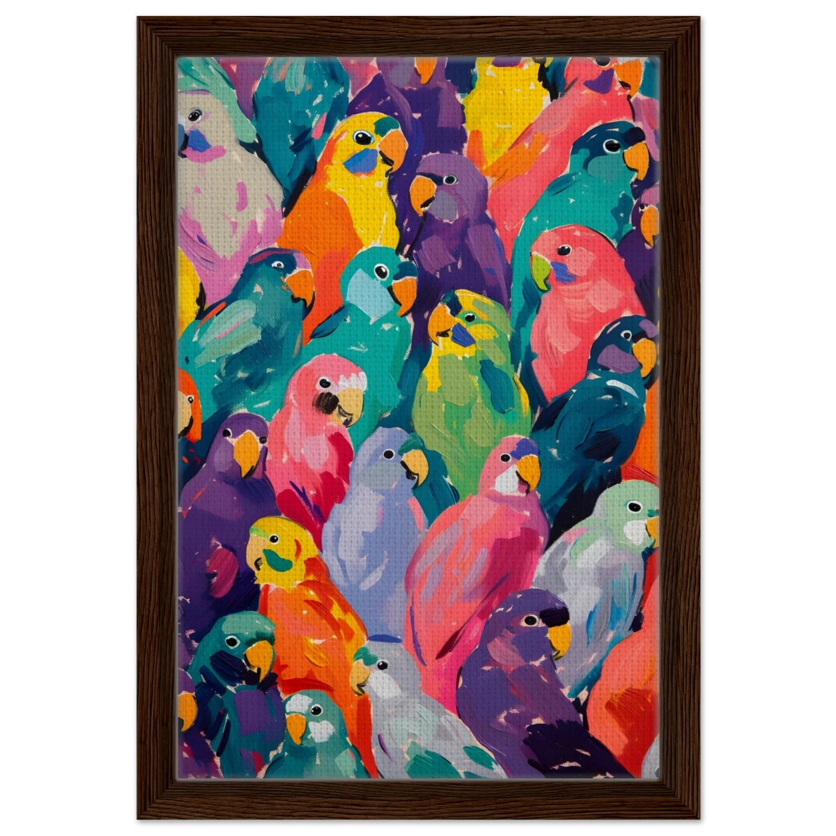 "Vibrant Flock" – A Burst of Color and Life | Wall art Print - 30x45 cm / 12x18″ - Framed Canvas - Dark wood frame