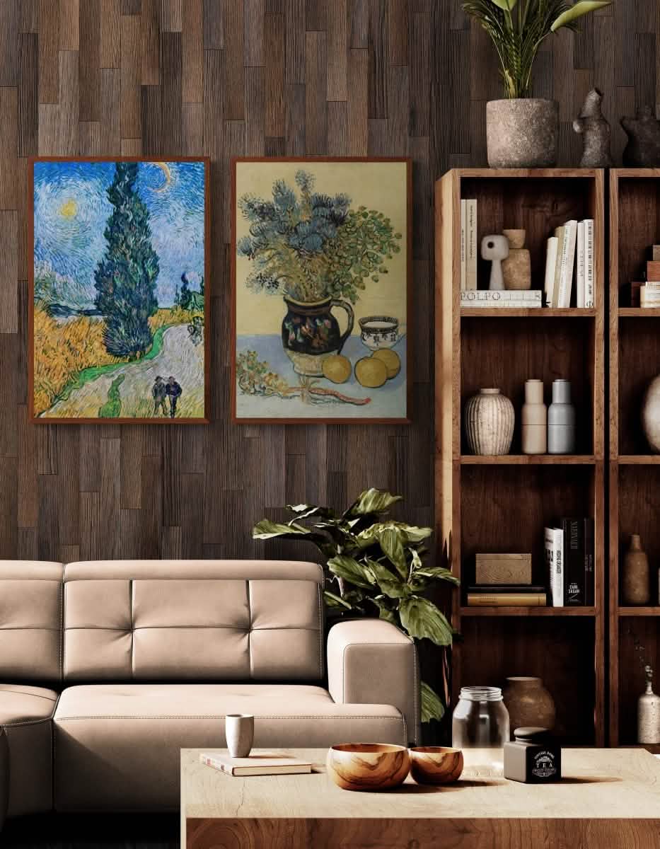 Vincent van Gogh Duo | Rustic Harmony Duo | Set of 2 - Framed Canvas - 30X45 CM / 12X18″ - Dark wood frame