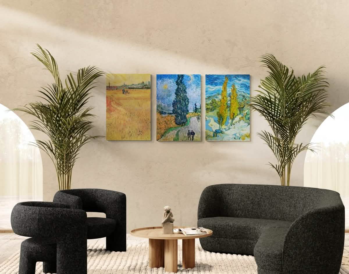 Vincent van Gogh Trio | Vintage Art Print set - Framed Canvas - 30X45 CM / 12X18″ - Dark wood frame