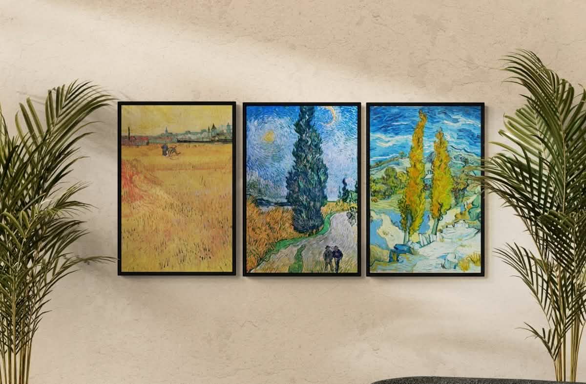 Vincent van Gogh Trio | Vintage Art Print set - Framed Canvas - 30X45 CM / 12X18″ - Black frame