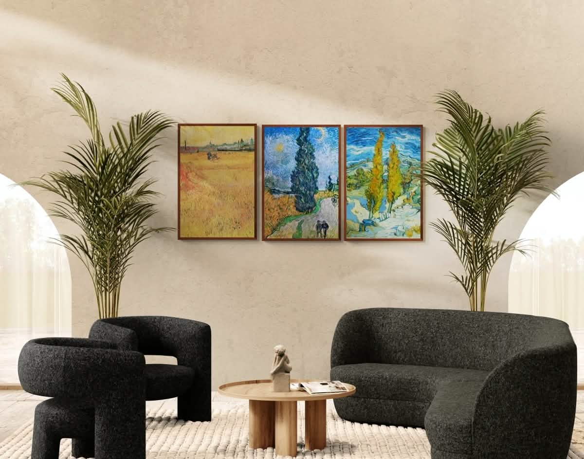 Vincent van Gogh Trio | Vintage Art Print set - Framed Canvas - 30X45 CM / 12X18″ - Dark wood frame