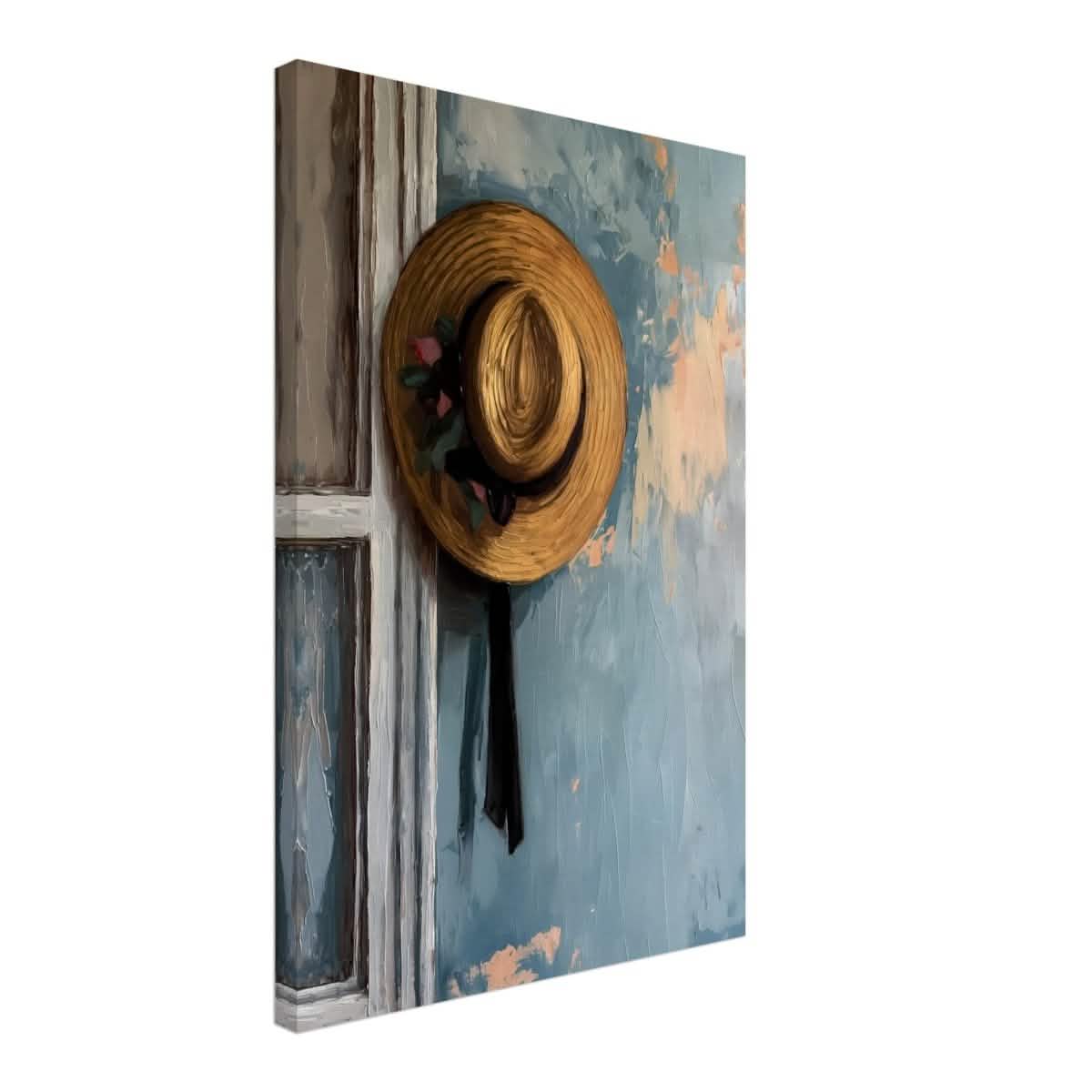 Vintage Charm: The Golden Straw Hat | Realism | wall art print - Canvas - 40x60 cm / 16x24″ -