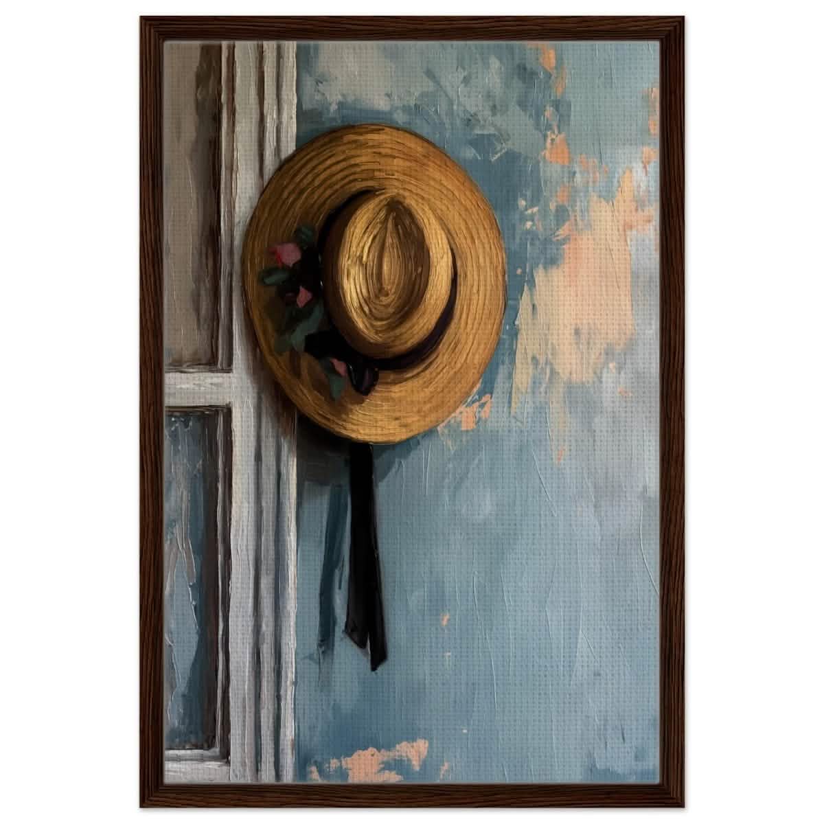 Vintage Charm: The Golden Straw Hat | Realism | wall art print - Framed Canvas - 50x75 cm / 20x30″ - Dark wood frame