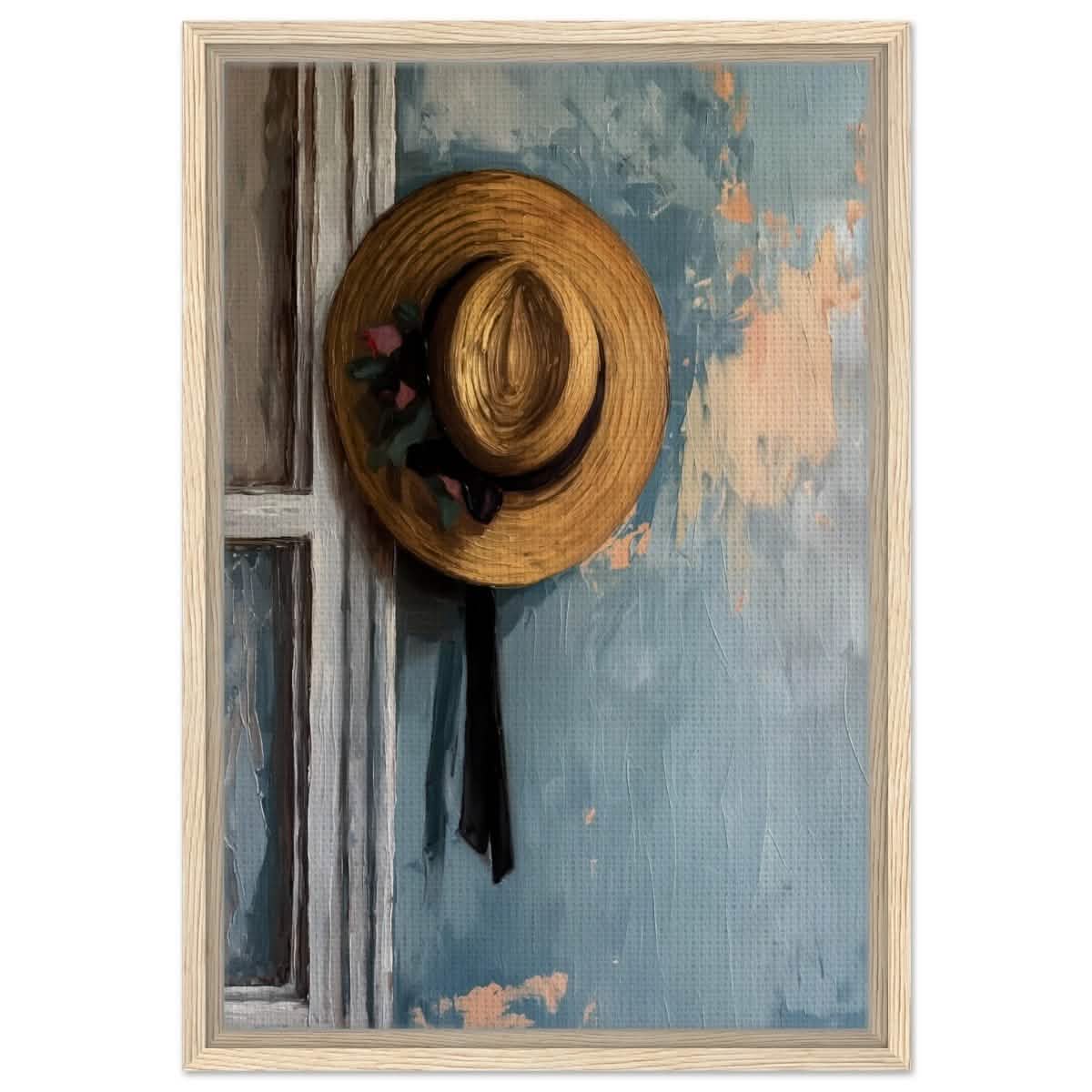 Vintage Charm: The Golden Straw Hat | Realism | wall art print - Framed Canvas - 40x60 cm / 16x24″ - Wood frame