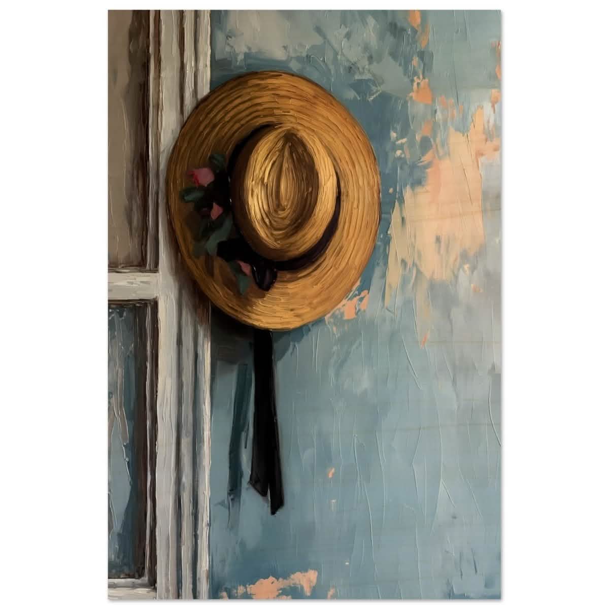Vintage Charm: The Golden Straw Hat | Realism | wall art print - Wood Prints - 30x45 cm / 12x18″ -