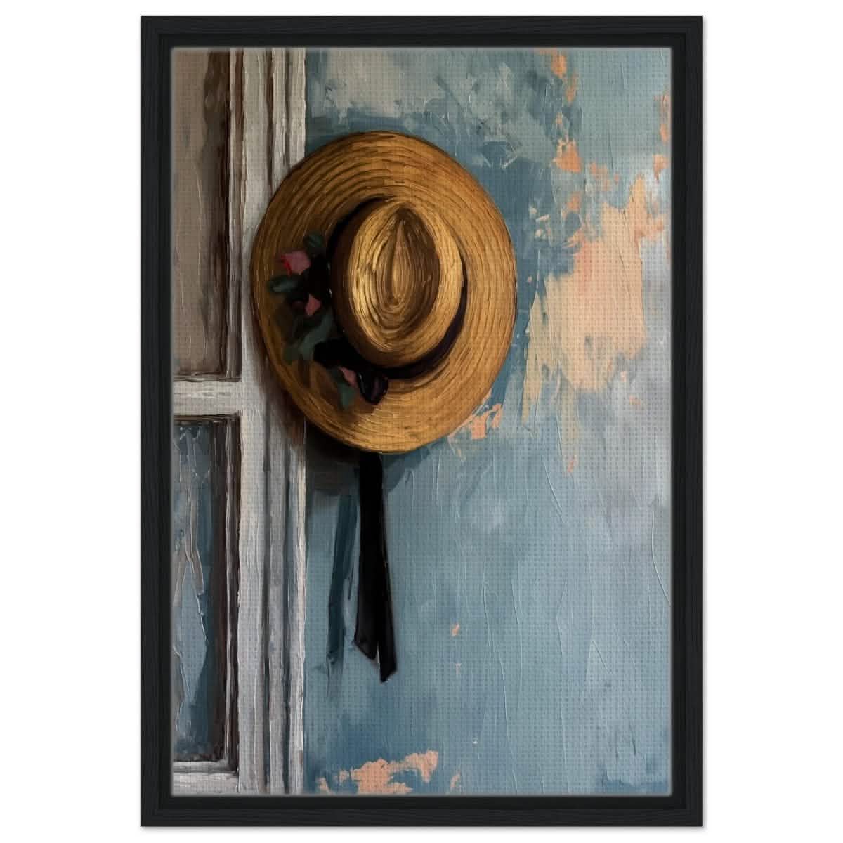 Vintage Charm: The Golden Straw Hat | Realism | wall art print - Framed Canvas - 40x60 cm / 16x24″ - Black frame