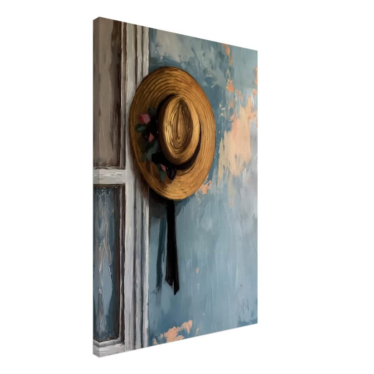 Vintage Charm: The Golden Straw Hat | Realism | wall art print - Canvas - 50x75 cm / 20x30″ -