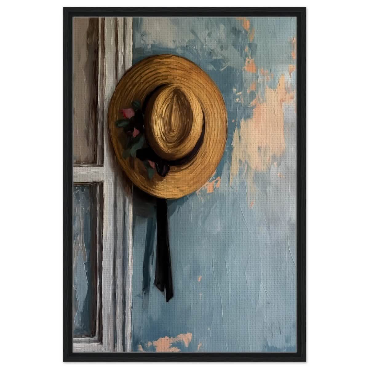 Vintage Charm: The Golden Straw Hat | Realism | wall art print - Framed Canvas - 60x90 cm / 24x36″ - Black frame