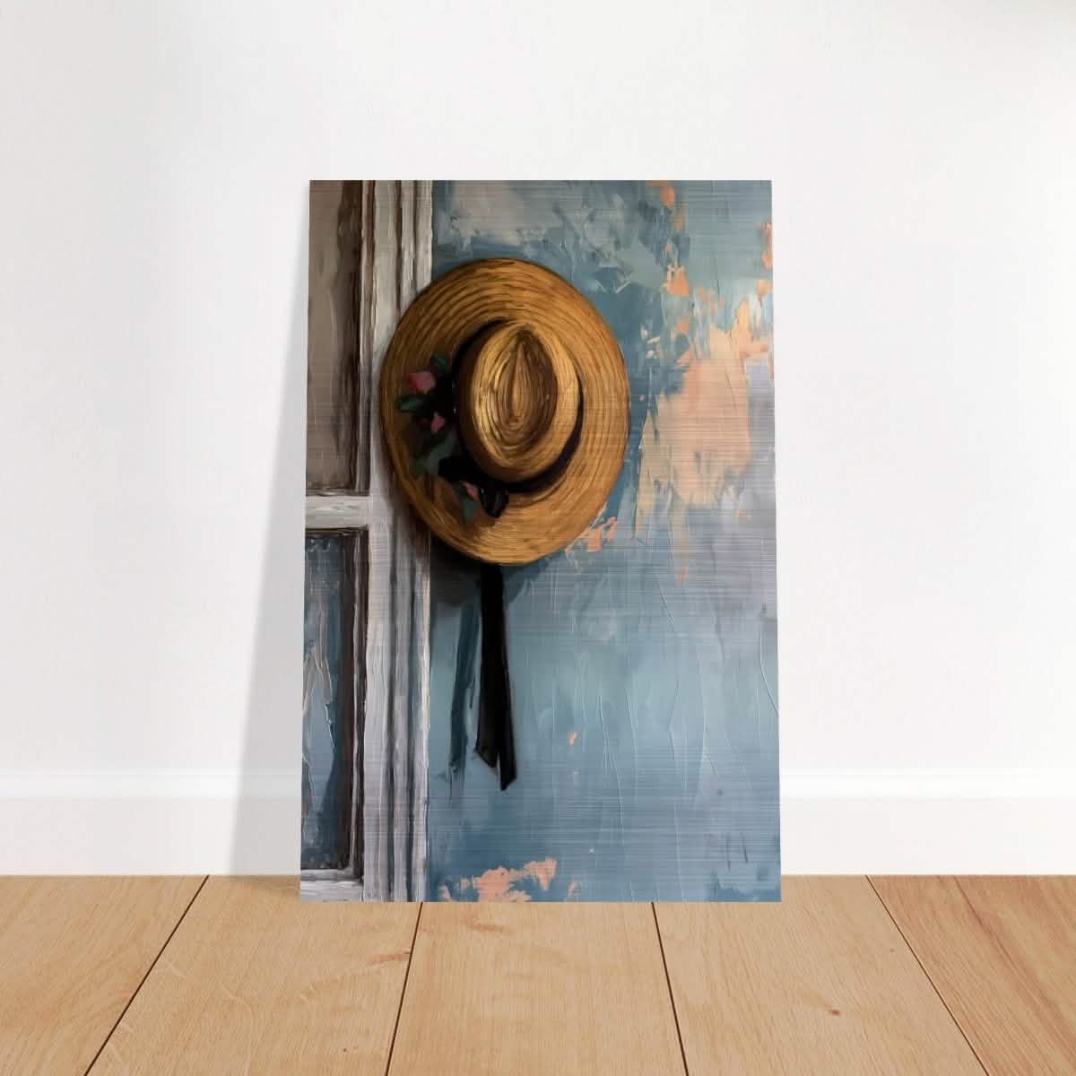 Vintage Charm: The Golden Straw Hat | Realism | wall art print - Brushed Aluminum Print - 50x75 cm / 20x30″ -