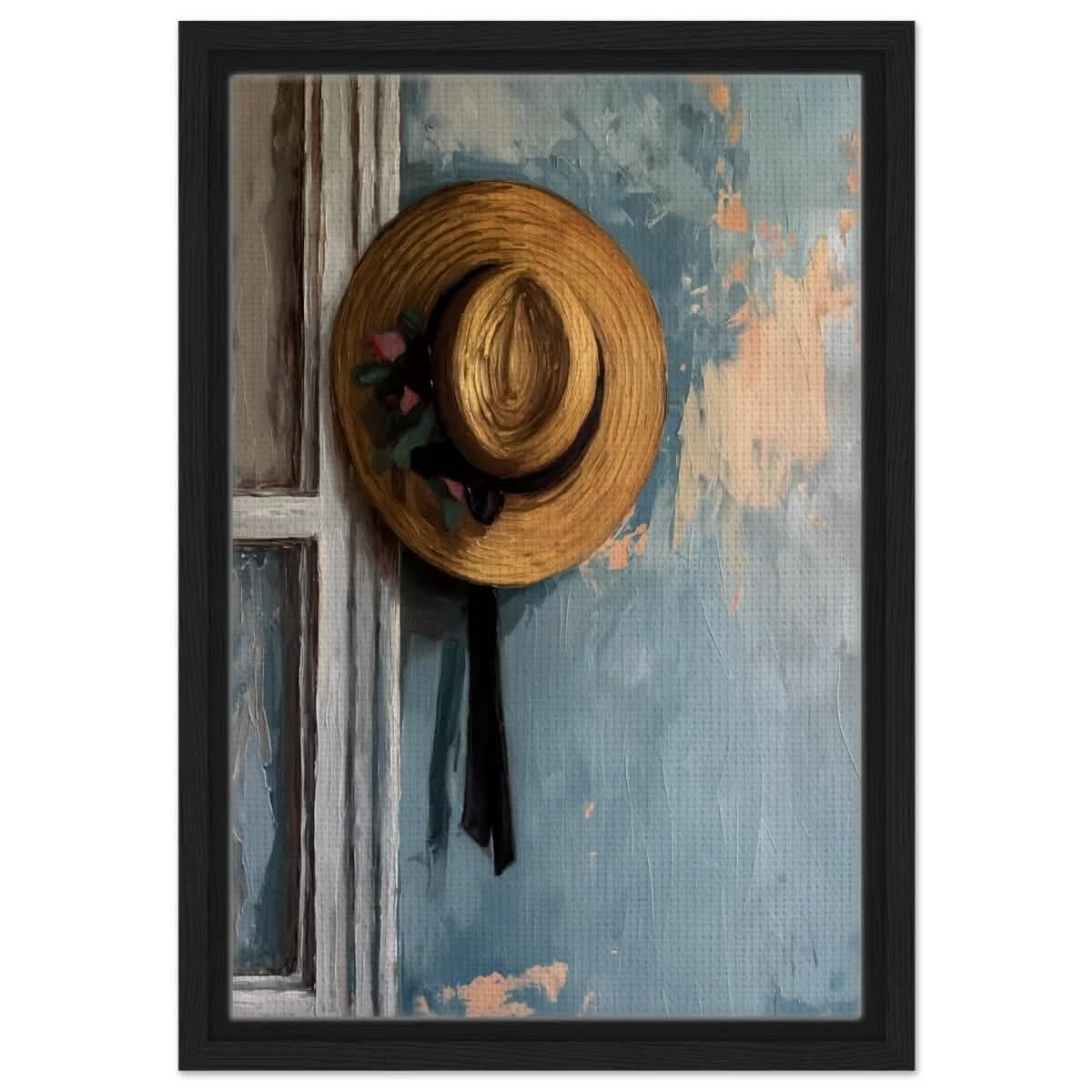 Vintage Charm: The Golden Straw Hat | Realism | wall art print - Framed Canvas - 30x45 cm / 12x18″ - Black frame