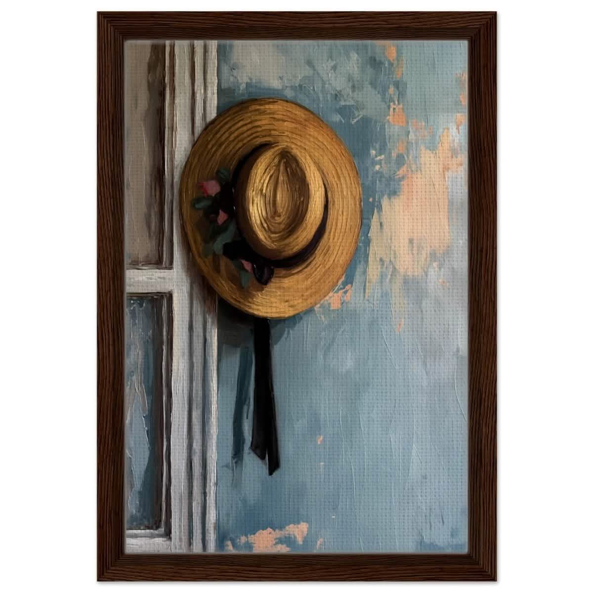 Vintage Charm: The Golden Straw Hat | Realism | wall art print - Framed Canvas - 30x45 cm / 12x18″ - Dark wood frame