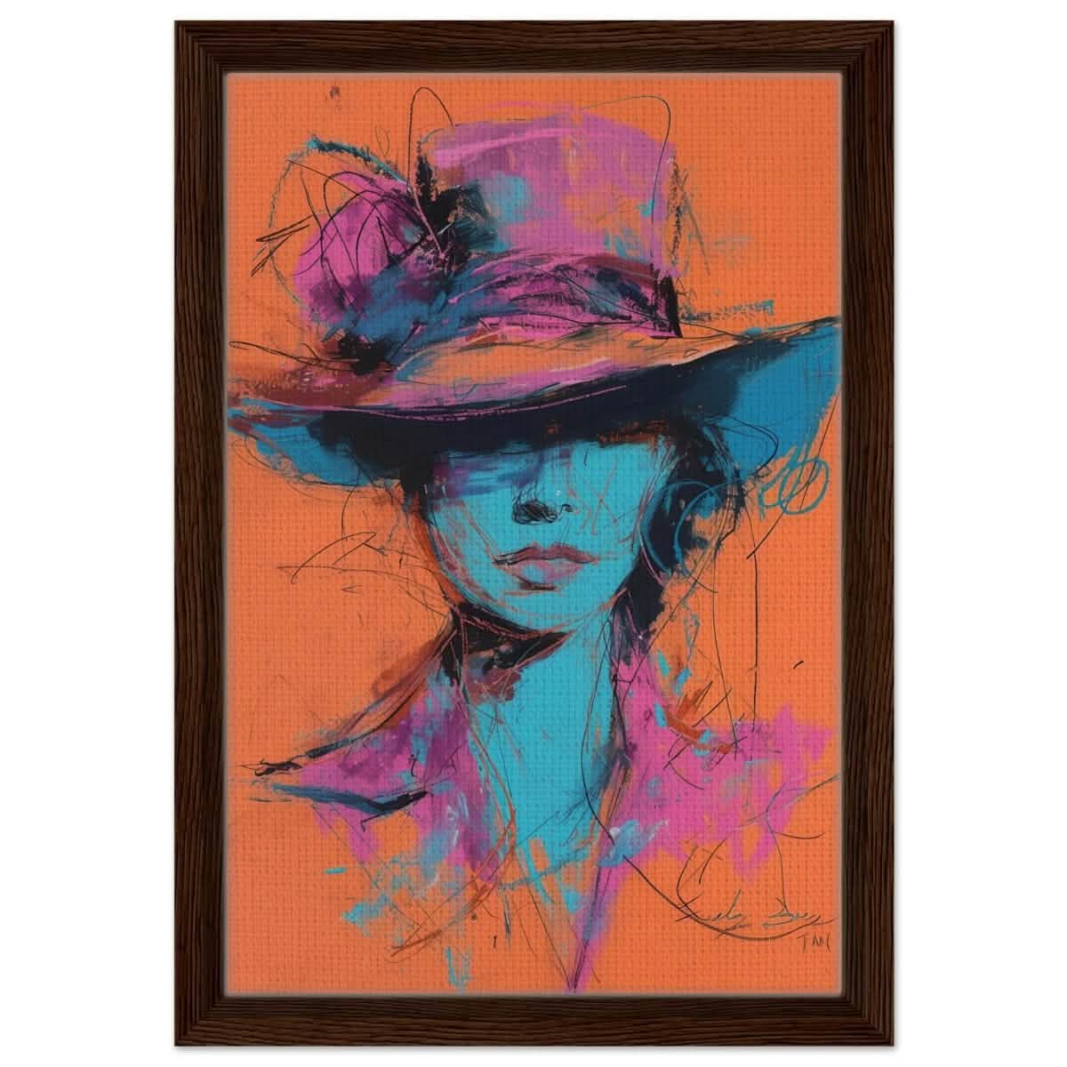 Vivid Allure: Neon Fashion Portrait | Contemporary Abstract Portrait | Wall art print - Framed Canvas - 30x45 cm / 12x18″ - Dark wood frame