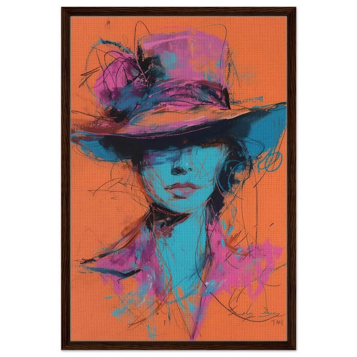Vivid Allure: Neon Fashion Portrait | Contemporary Abstract Portrait | Wall art print - Framed Canvas - 60x90 cm / 24x36″ - Dark wood frame
