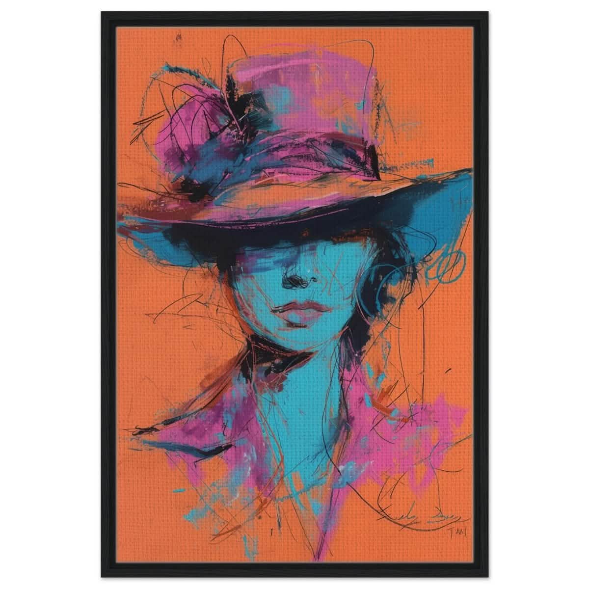 Vivid Allure: Neon Fashion Portrait | Contemporary Abstract Portrait | Wall art print - Framed Canvas - 60x90 cm / 24x36″ - Black frame
