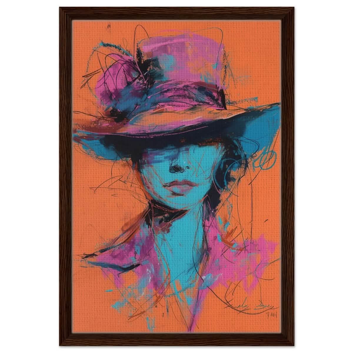 Vivid Allure: Neon Fashion Portrait | Contemporary Abstract Portrait | Wall art print - Framed Canvas - 40x60 cm / 16x24″ - Dark wood frame