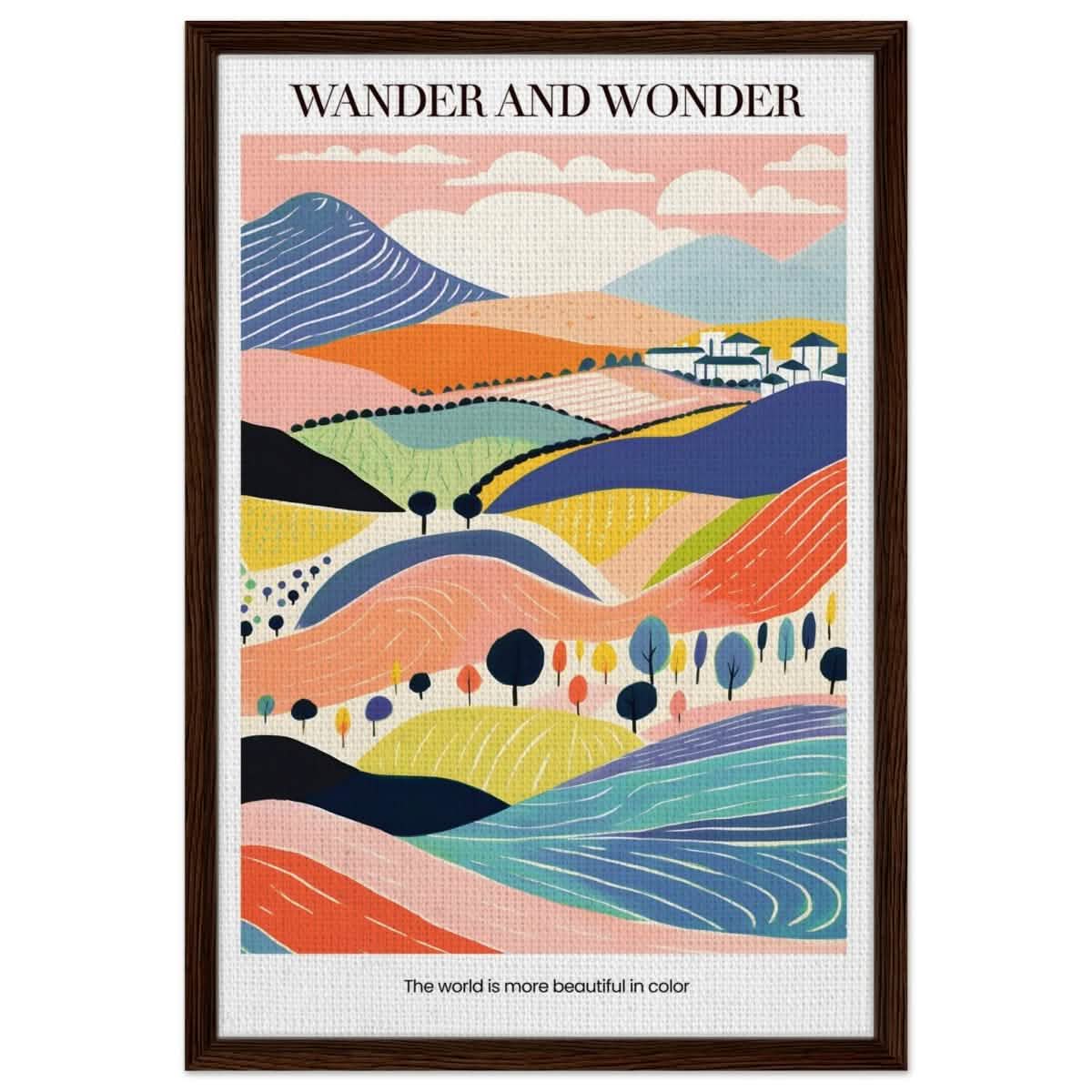 Wander and Wonder - Vibrant Landscape Print - Framed Canvas - 50x75 cm / 20x30″ - Dark wood frame