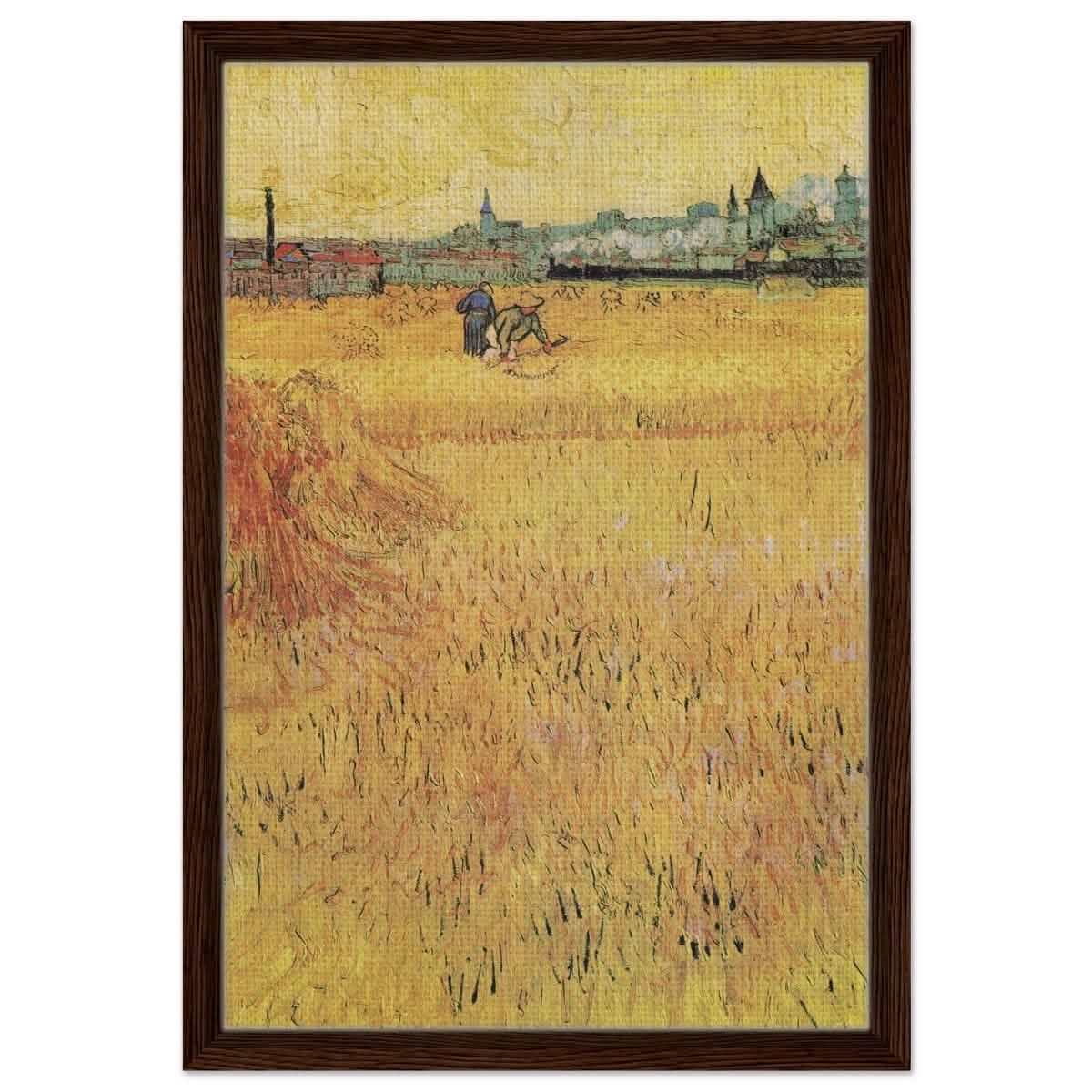 Wheat Field With View Of Arles (1888) by Vincent Van Gogh | Vintage Art wall art print - Framed Canvas - 40x60 cm / 16x24″ - Dark wood frame
