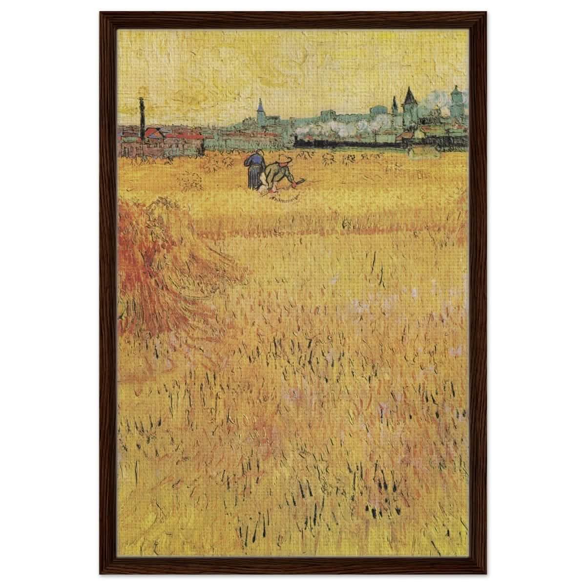 Wheat Field With View Of Arles (1888) by Vincent Van Gogh | Vintage Art wall art print - Framed Canvas - 50x75 cm / 20x30″ - Dark wood frame