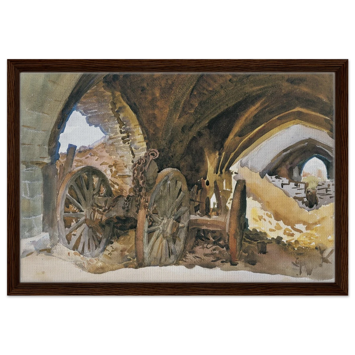 "Wheels in Vault" by John Singer Sargent – Industrial Impressionist Wall Art Print - Framed Canvas - 40x60 cm / 16x24″ - Dark wood frame