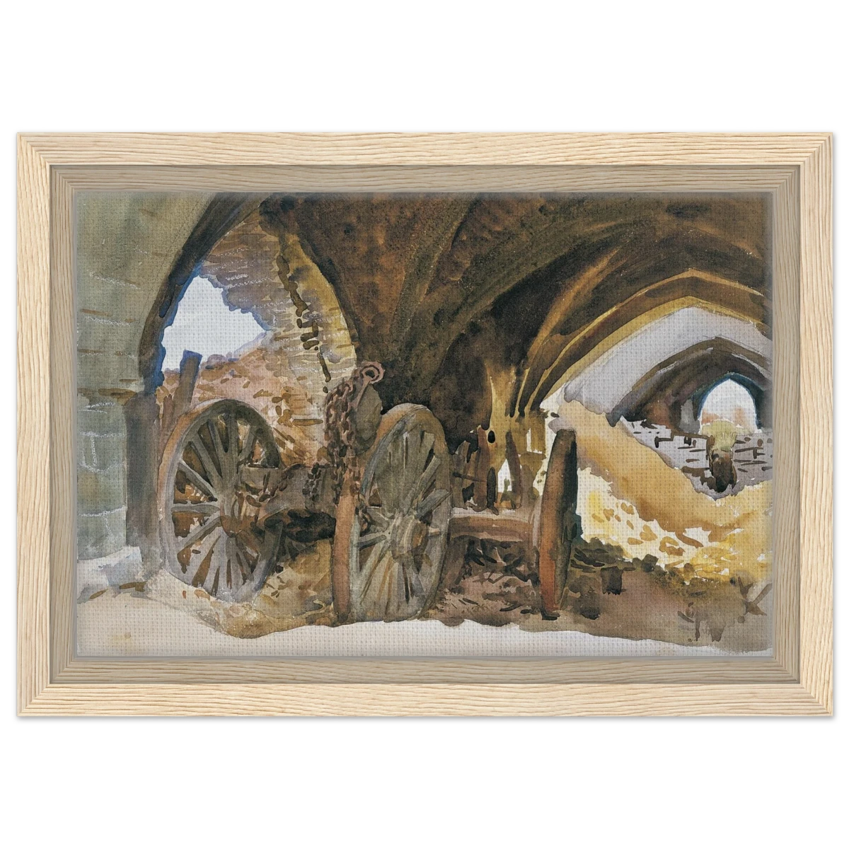 "Wheels in Vault" by John Singer Sargent – Industrial Impressionist Wall Art Print - Framed Canvas - 20x30 cm / 8x12″ - Wood frame
