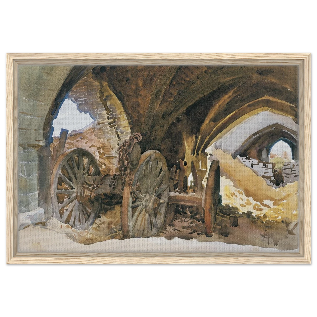 "Wheels in Vault" by John Singer Sargent – Industrial Impressionist Wall Art Print - Framed Canvas - 40x60 cm / 16x24″ - Wood frame