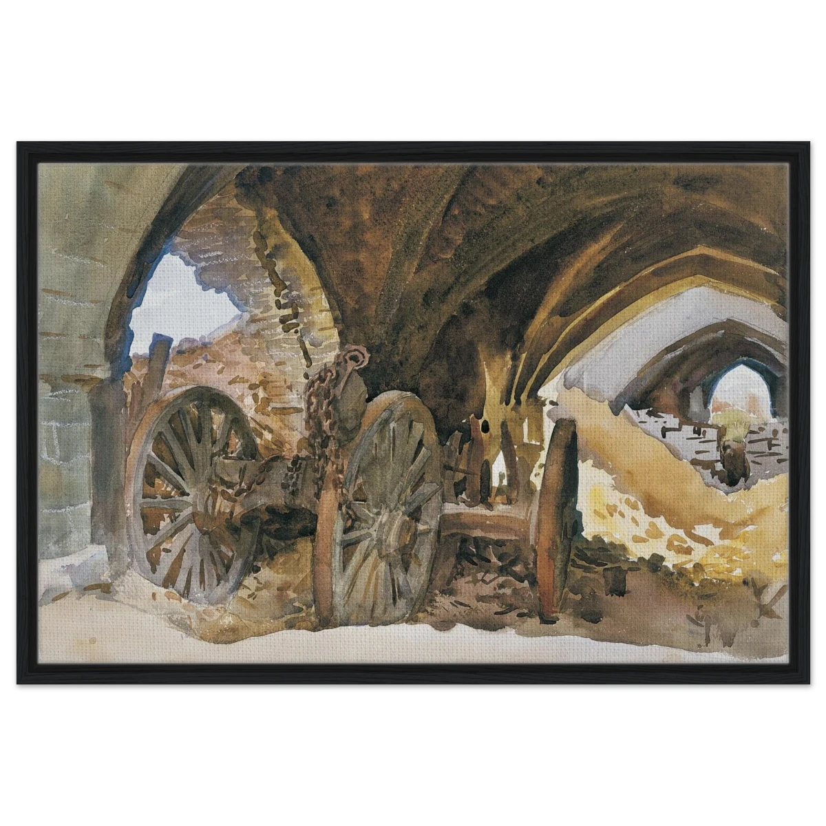"Wheels in Vault" by John Singer Sargent – Industrial Impressionist Wall Art Print - Framed Canvas - 60x90 cm / 24x36″ - Black frame