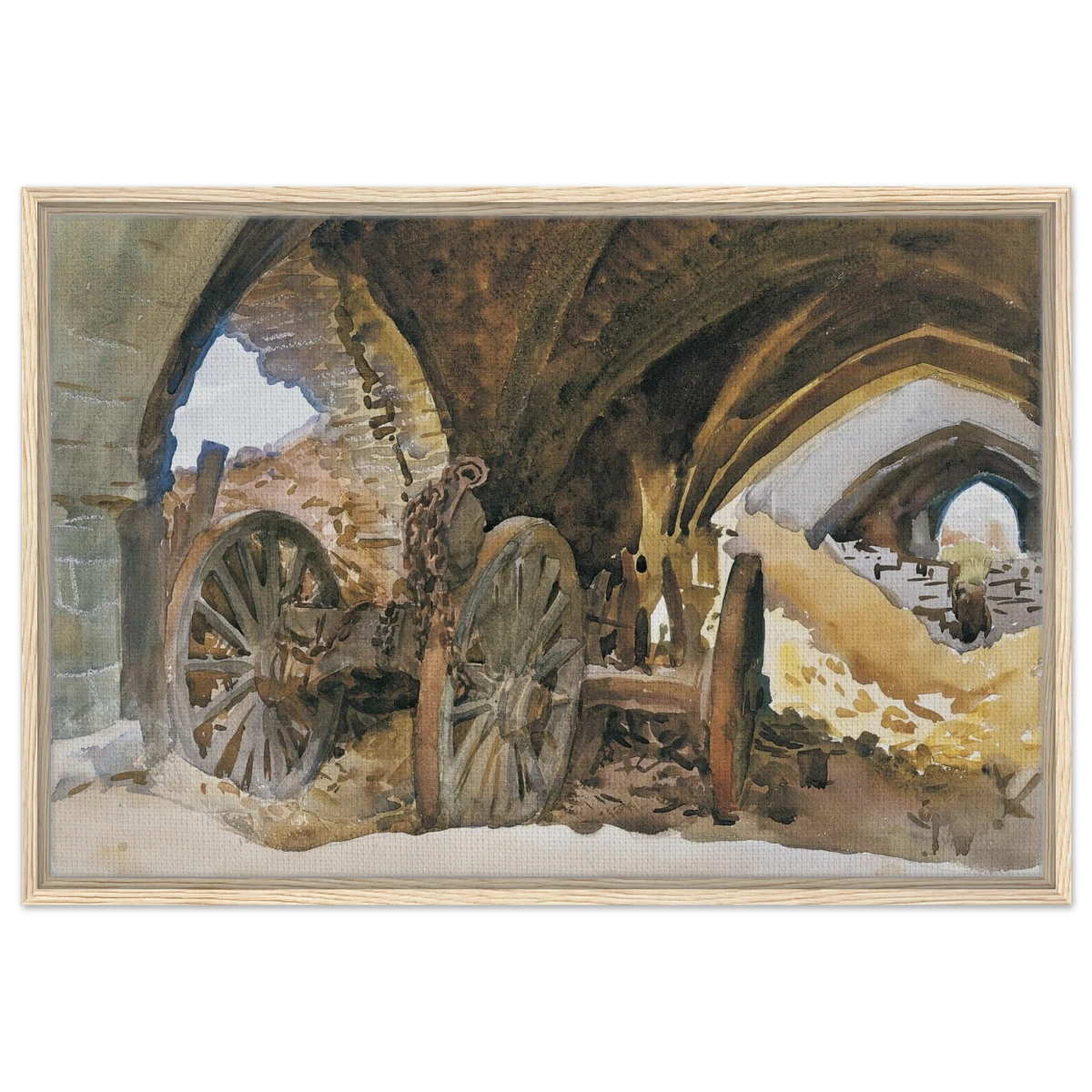 "Wheels in Vault" by John Singer Sargent – Industrial Impressionist Wall Art Print - Framed Canvas - 60x90 cm / 24x36″ - Wood frame