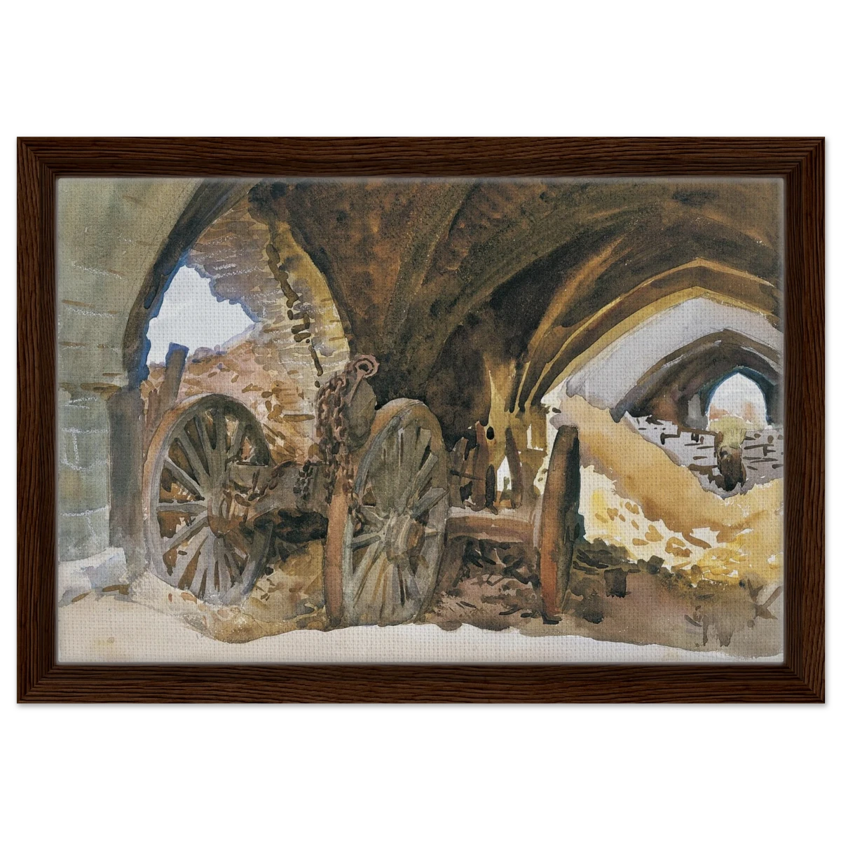 "Wheels in Vault" by John Singer Sargent – Industrial Impressionist Wall Art Print - Framed Canvas - 30x45 cm / 12x18″ - Dark wood frame