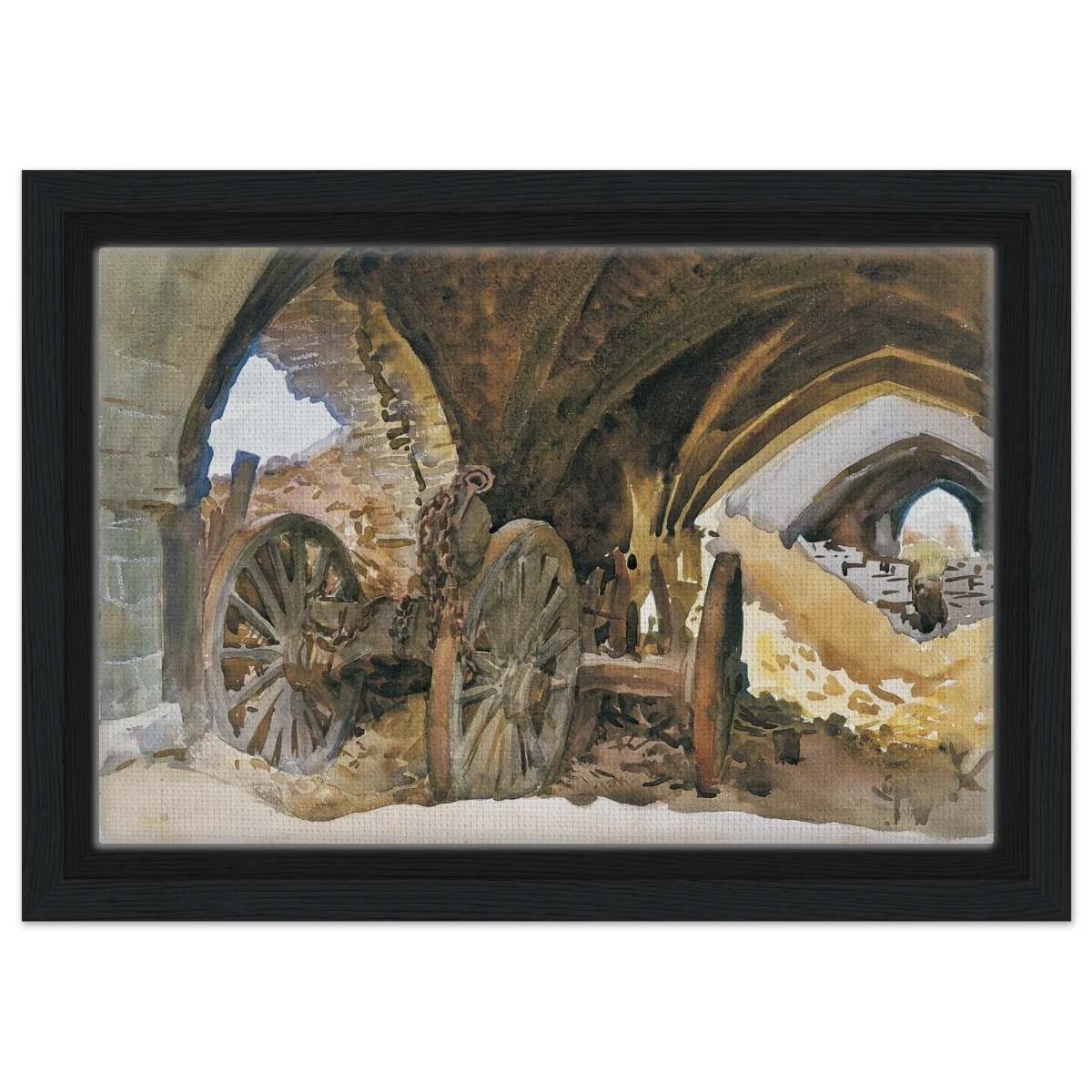 "Wheels in Vault" by John Singer Sargent – Industrial Impressionist Wall Art Print - Framed Canvas - 20x30 cm / 8x12″ - Black frame