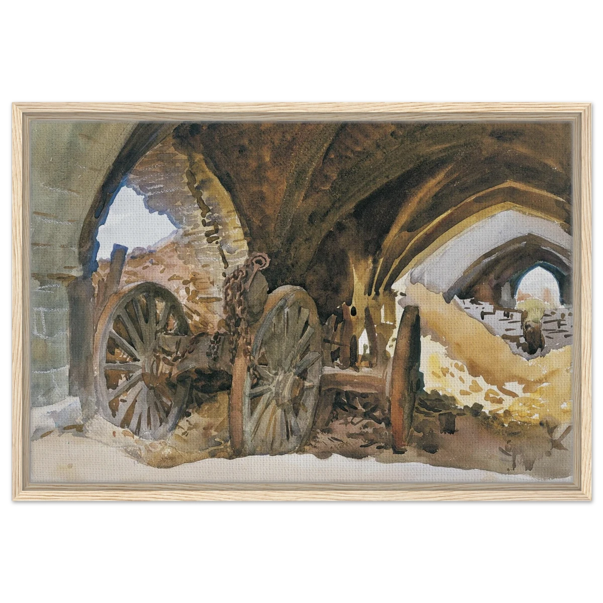 "Wheels in Vault" by John Singer Sargent – Industrial Impressionist Wall Art Print - Framed Canvas - 50x75 cm / 20x30″ - Wood frame